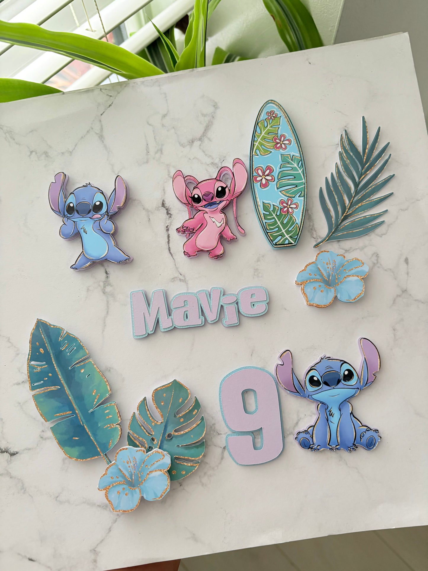 Stitch Cake Topper – Personalised Angle & Stitch Birthday Cake Decoration | Tropical Cake Topper | Custom Luau Party Cake Decor