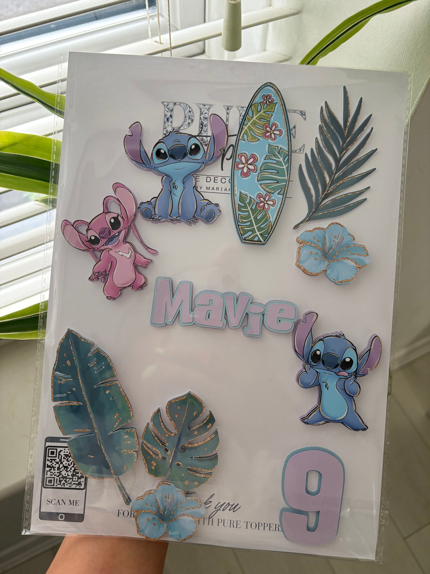 Stitch Cake Topper – Personalised Angle & Stitch Birthday Cake Decoration | Tropical Cake Topper | Custom Luau Party Cake Decor