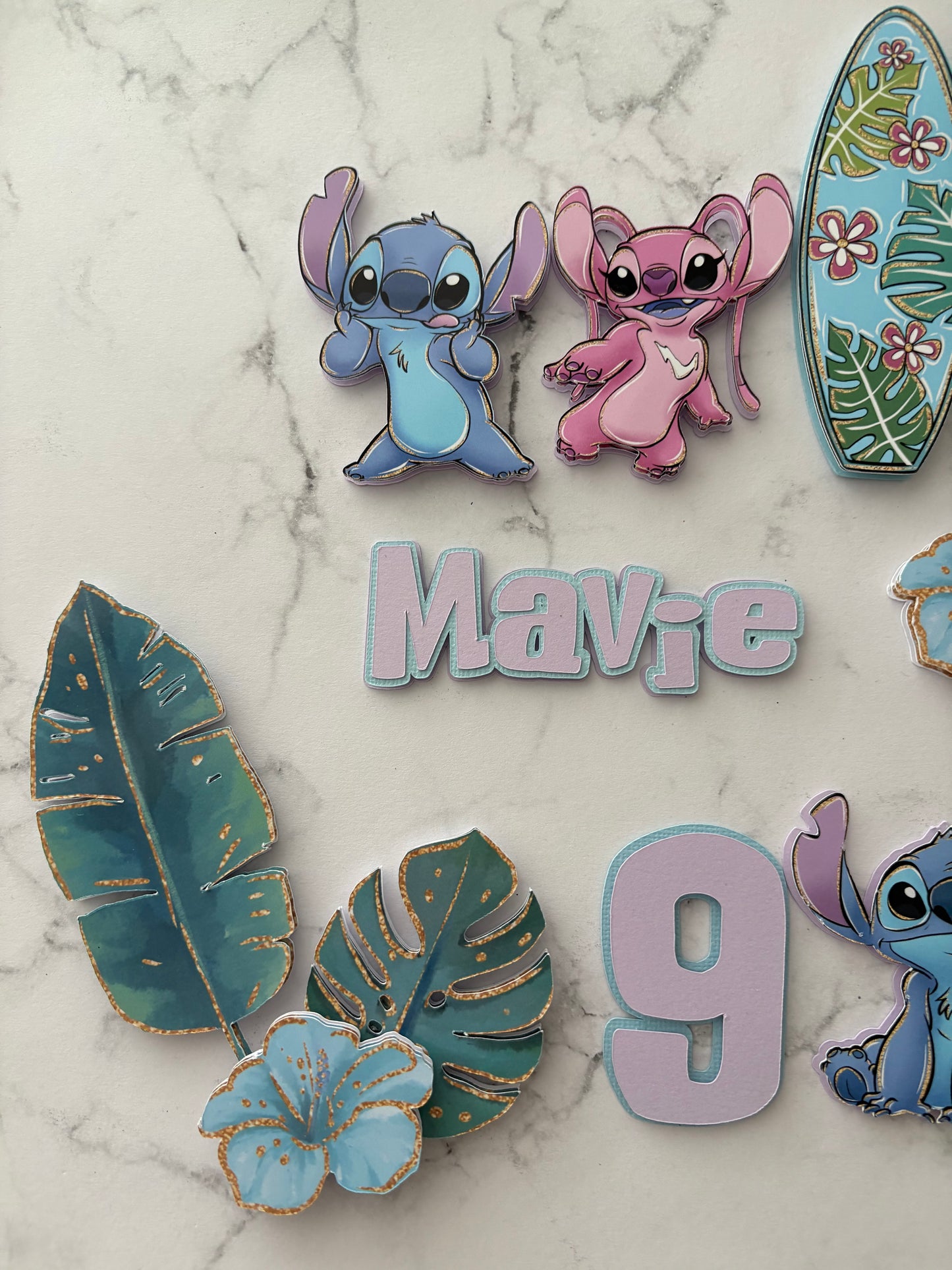 Stitch Cake Topper – Personalised Angle & Stitch Birthday Cake Decoration | Tropical Cake Topper | Custom Luau Party Cake Decor