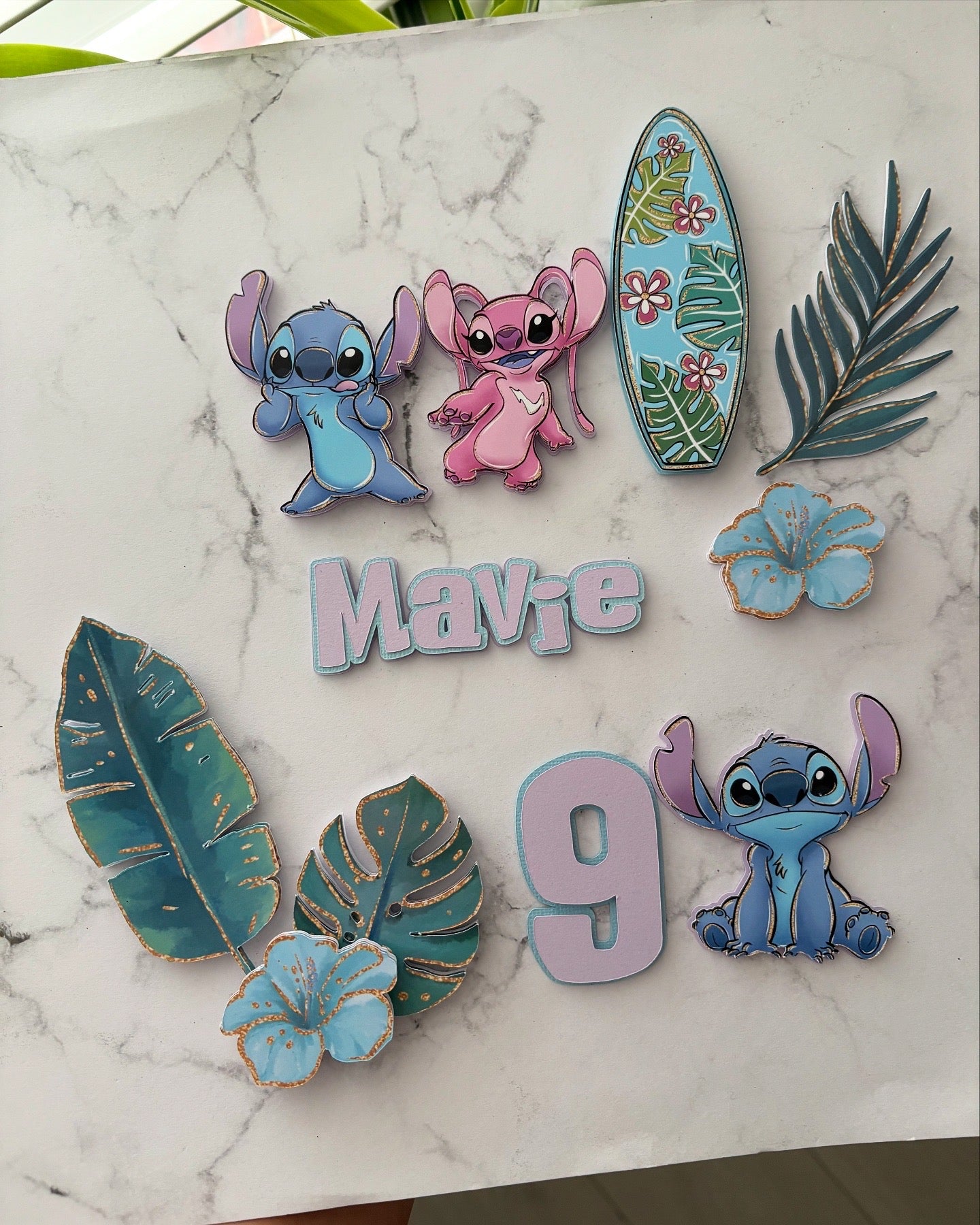 Stitch Cake Topper – Personalised Angle & Stitch Birthday Cake Decoration | Tropical Cake Topper | Custom Luau Party Cake Decor