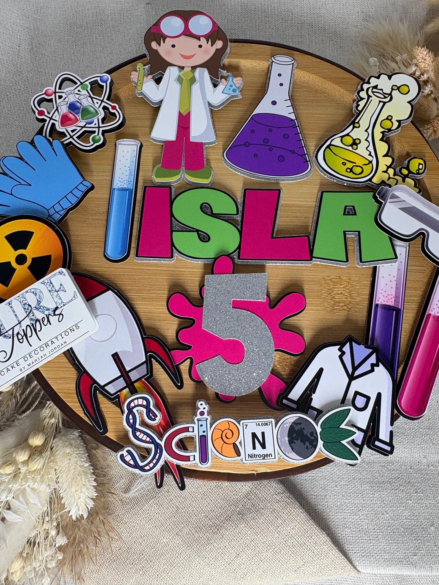 Personalised Science Cake Topper Set | Mad Scientist Birthday Cake Decorations | Lab Theme Party Supplies