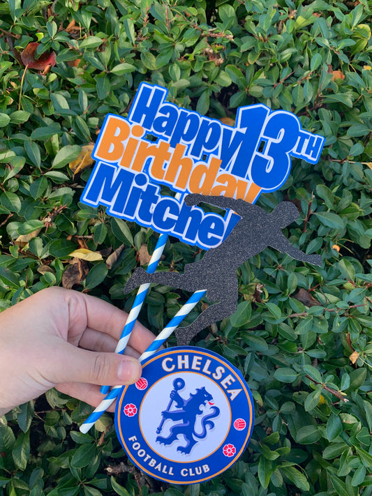 Chelsea FC Birthday Cake Topper – 3D Football Name & Age Topper for Kids