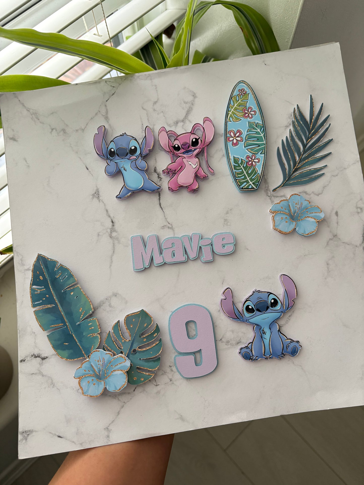 Stitch Cake Topper – Personalised Angle & Stitch Birthday Cake Decoration | Tropical Cake Topper | Custom Luau Party Cake Decor