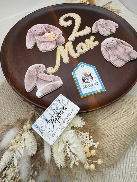 Personalised Jellycat Badge Cake Topper Set – Custom Name & Age Birthday Decoration