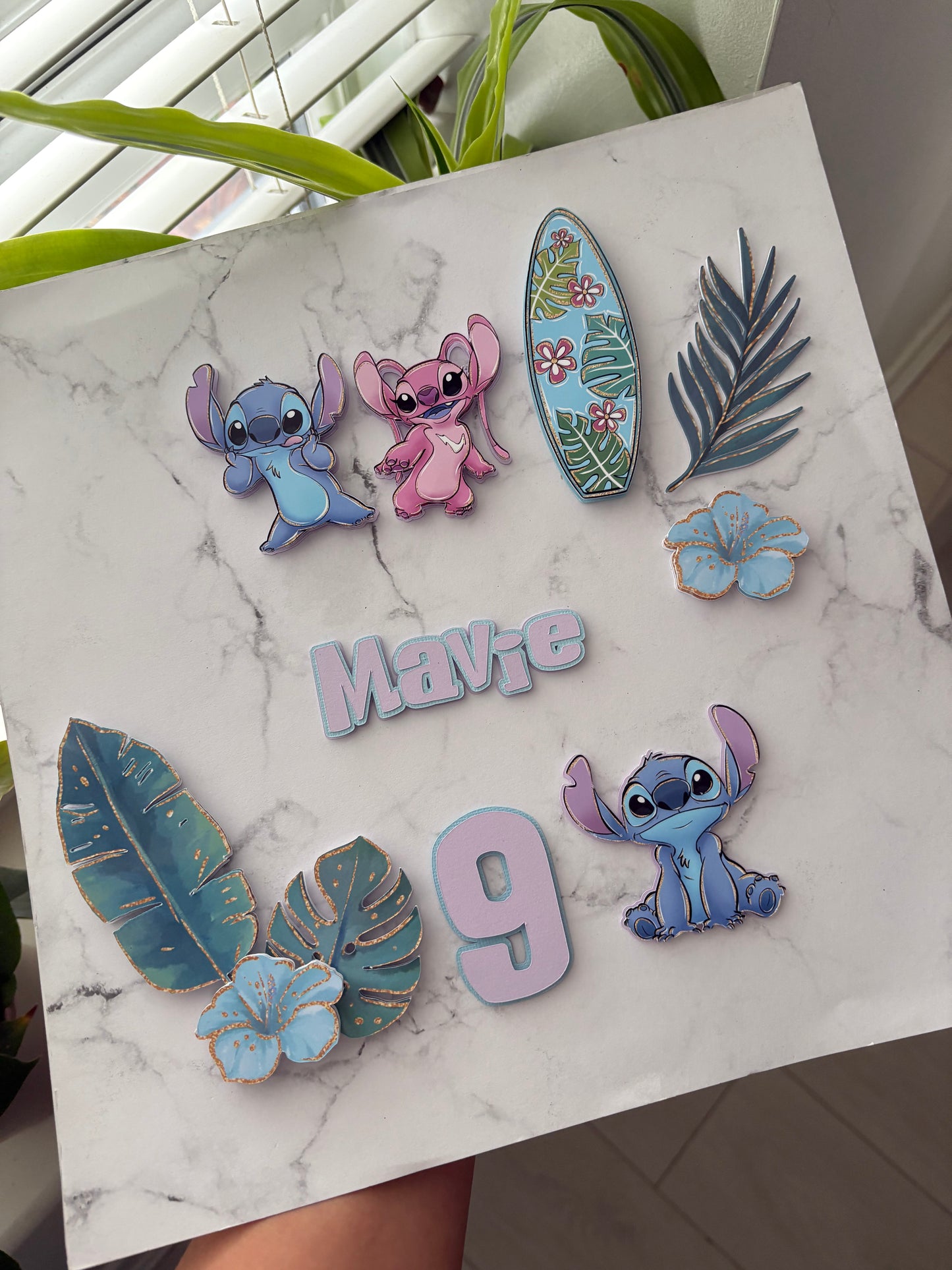 Stitch Cake Topper – Personalised Angle & Stitch Birthday Cake Decoration | Tropical Cake Topper | Custom Luau Party Cake Decor
