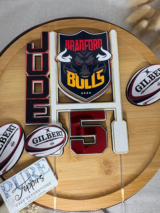 Bradford Bulls birthday cake topper featuring rugby goalposts and personalised age