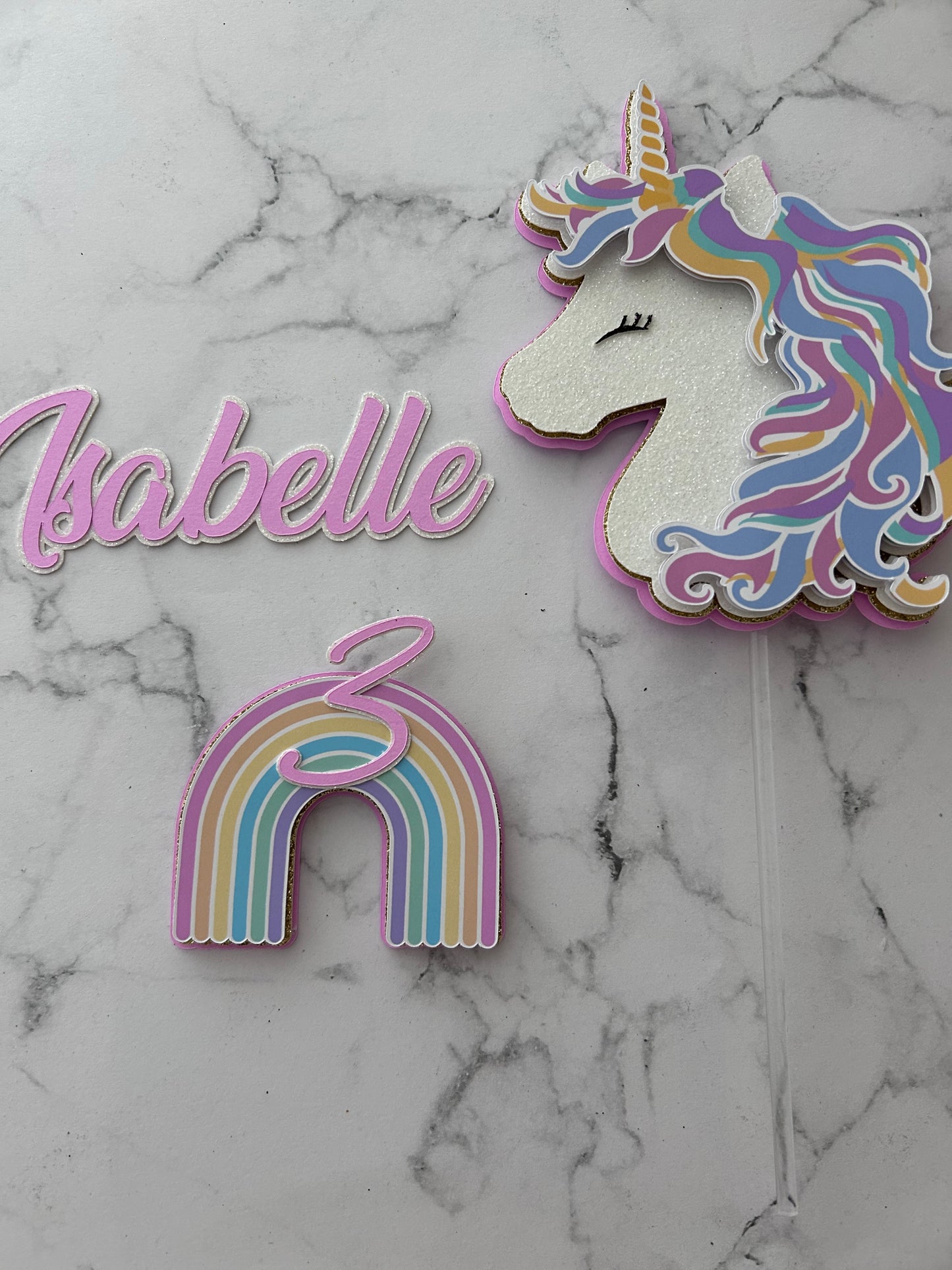 Personalised Unicorn 3D Cake Topper And Rainbow Age Charm