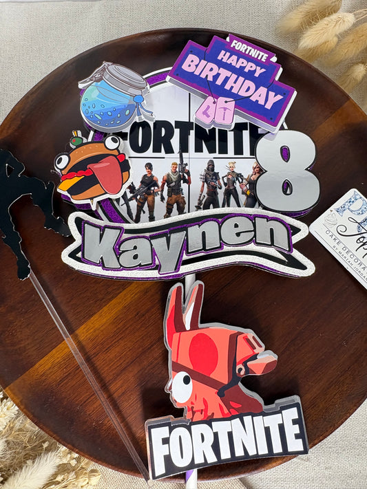 Fortnite inspired birthday cake topper and character charm set for a gaming themed cake