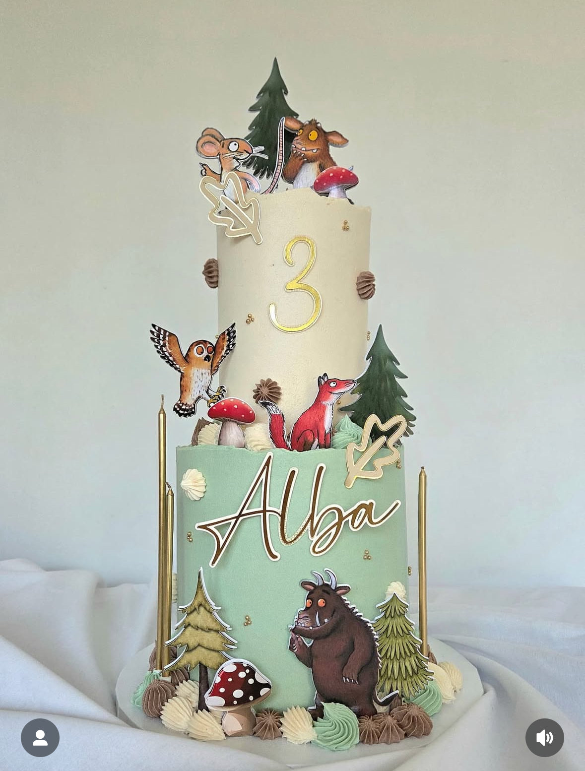 Two-tiered birthday cake with animated characters and 'Alba' on a white background