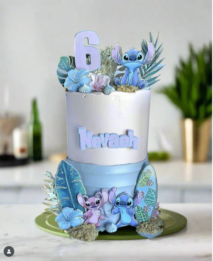 Stitch Cake Topper – Personalised Angle & Stitch Birthday Cake Decoration | Tropical Cake Topper | Custom Luau Party Cake Decor
