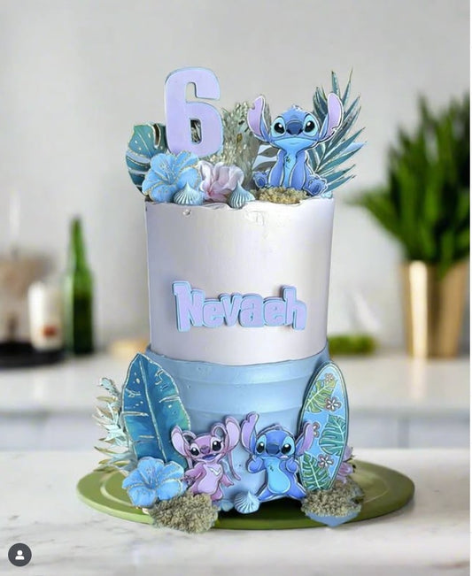 Stitch Cake Topper – Personalised Angle & Stitch Birthday Cake Decoration | Tropical Cake Topper | Custom Luau Party Cake Decor