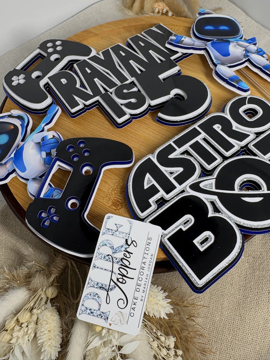 Personalised Astro Bot gaming cake topper set with custom name and age decoration