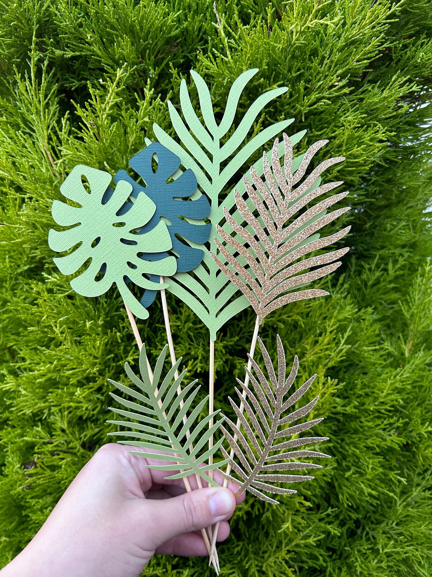 Cake Topper Palm Leaves, Cake Leaves, Jungle Cake Topper (Golds & Green)