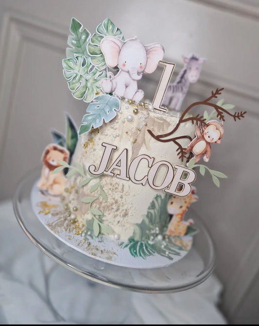 Safari Jungle Cake Topper | Personalised First Birthday Cake Decoration | Wild One Animal Party Theme