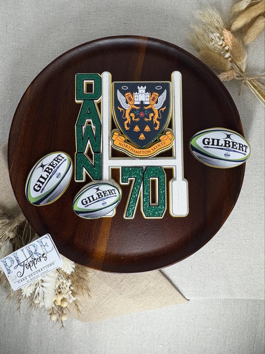Decorative plate with sports-themed elements on a neutral background