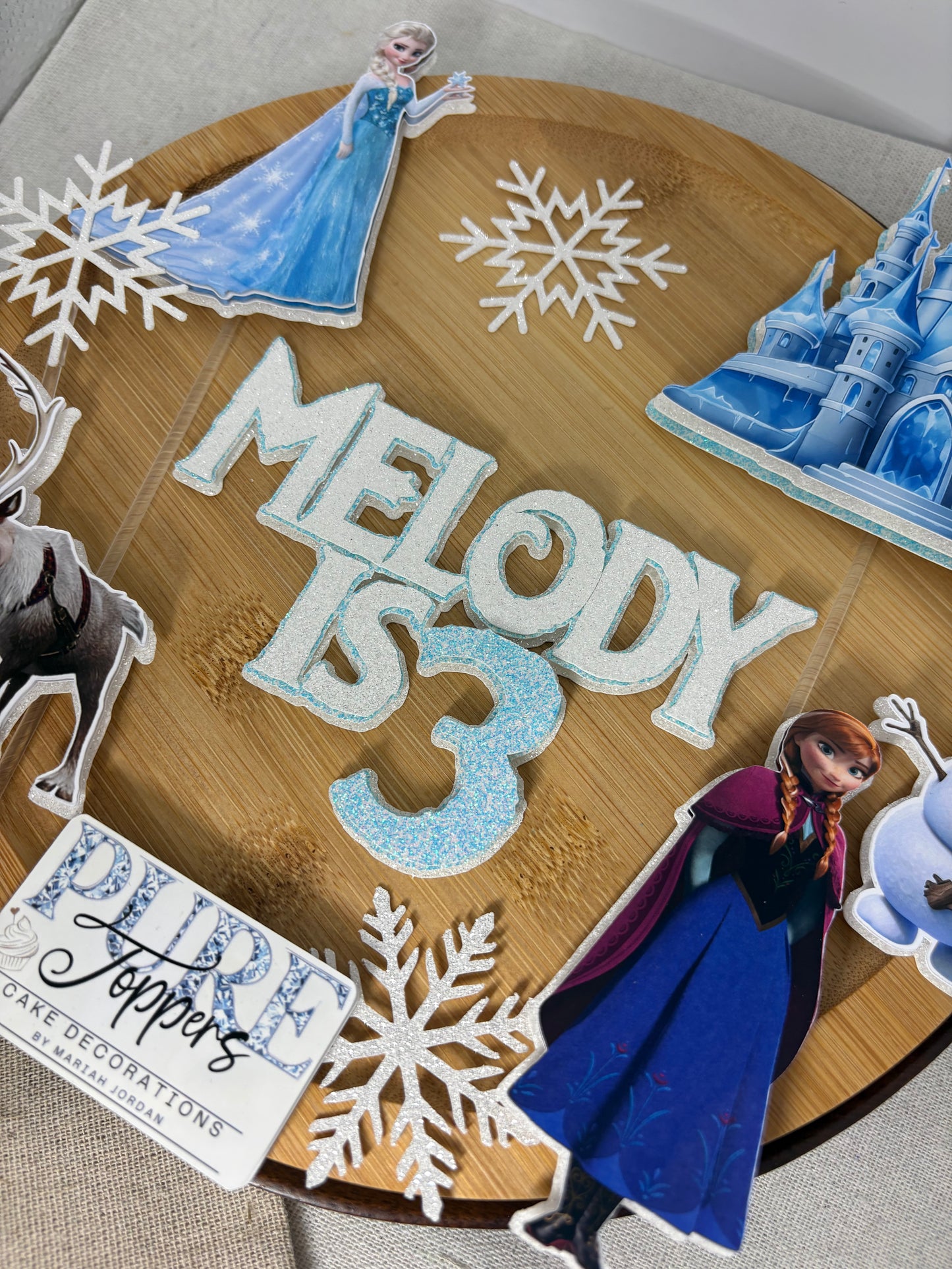 Personalised Frozen inspired birthday cake topper set with custom name and age