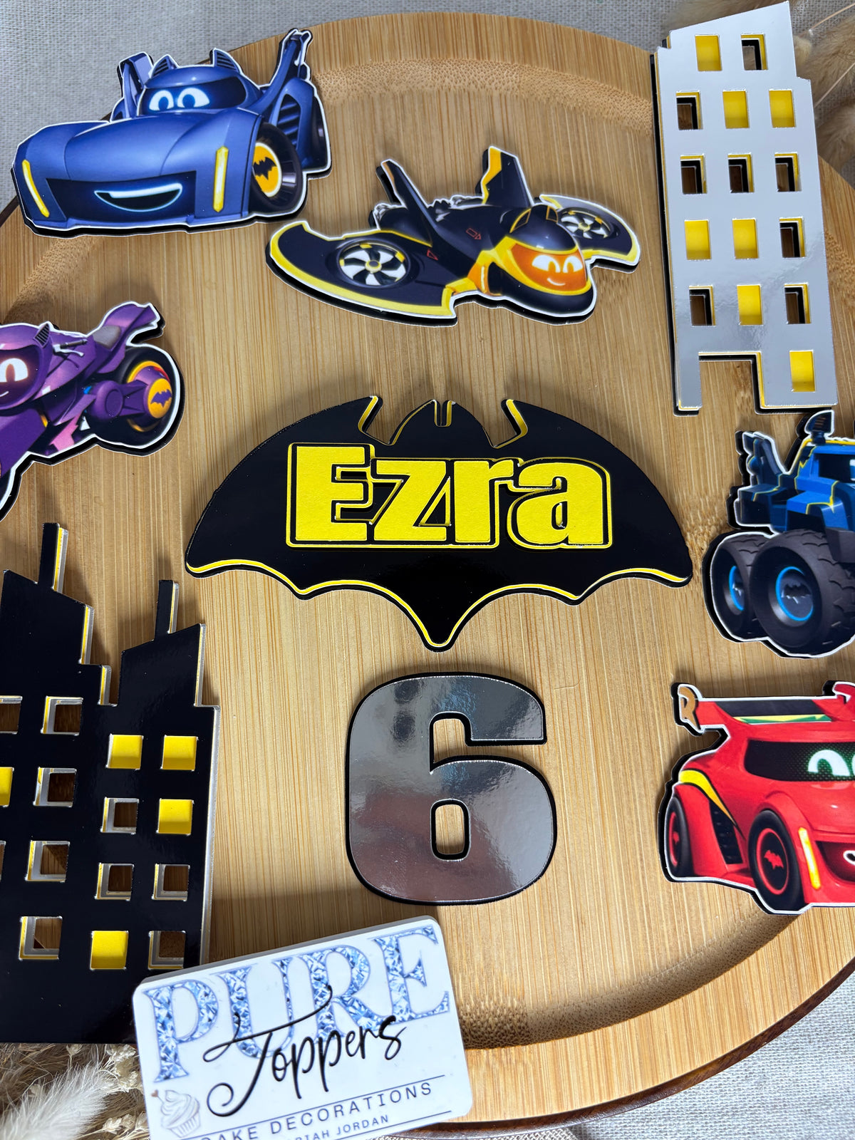 Personalised Superhero Vehicle Cake Topper Set | Custom Name & Age Birthday Cake Decorations