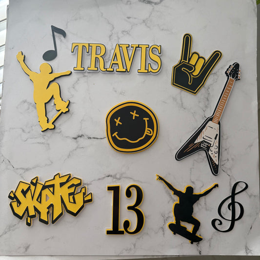 Nirvana & Skateboarding Cake Topper Set | Grunge Rock & Skater Birthday Party Decor | 90s Music Theme