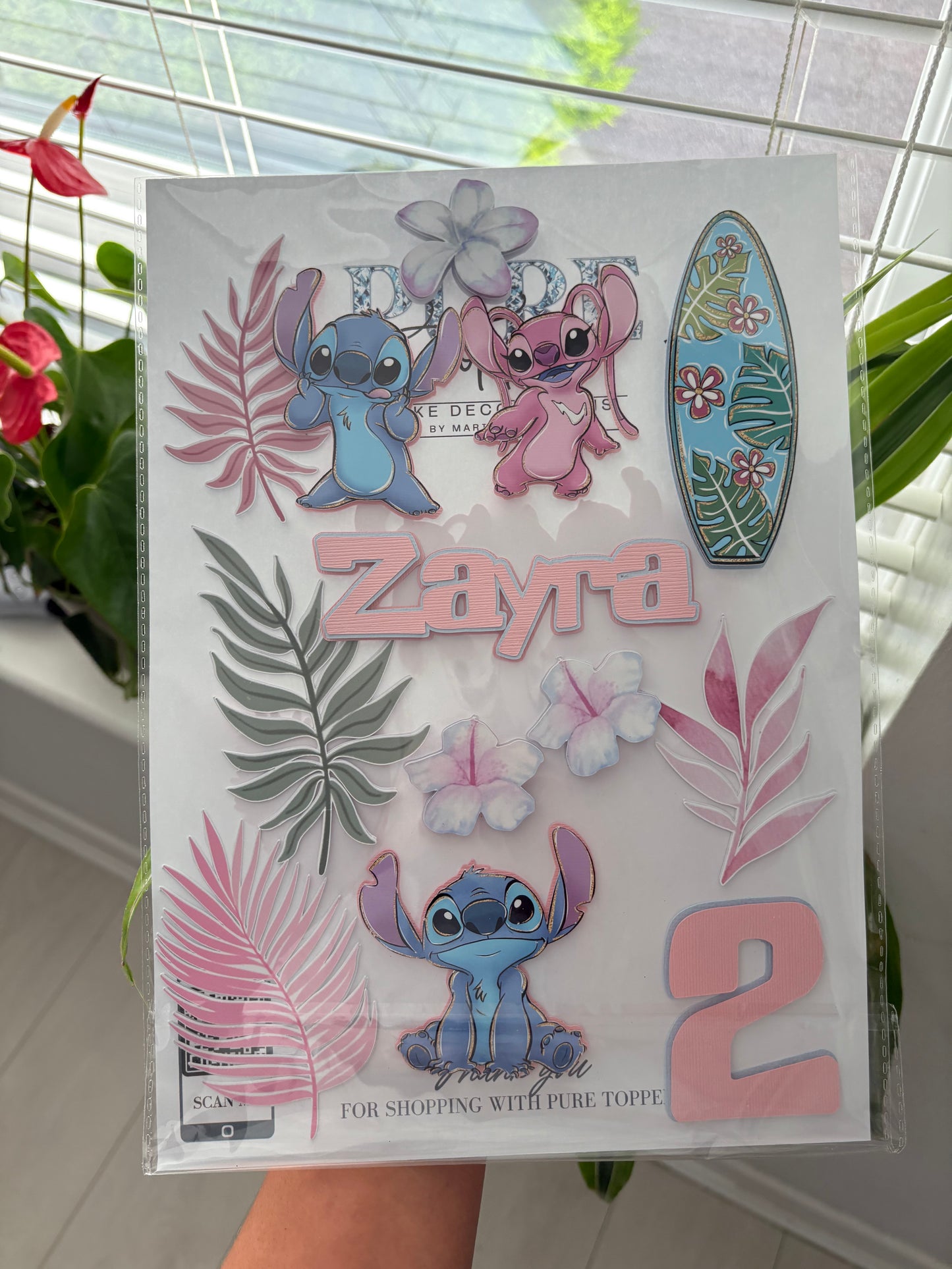 Stitch Cake Topper – Personalised Angle & Stitch Birthday Cake Decoration | Tropical Cake Topper | Custom Luau Party Cake Decor