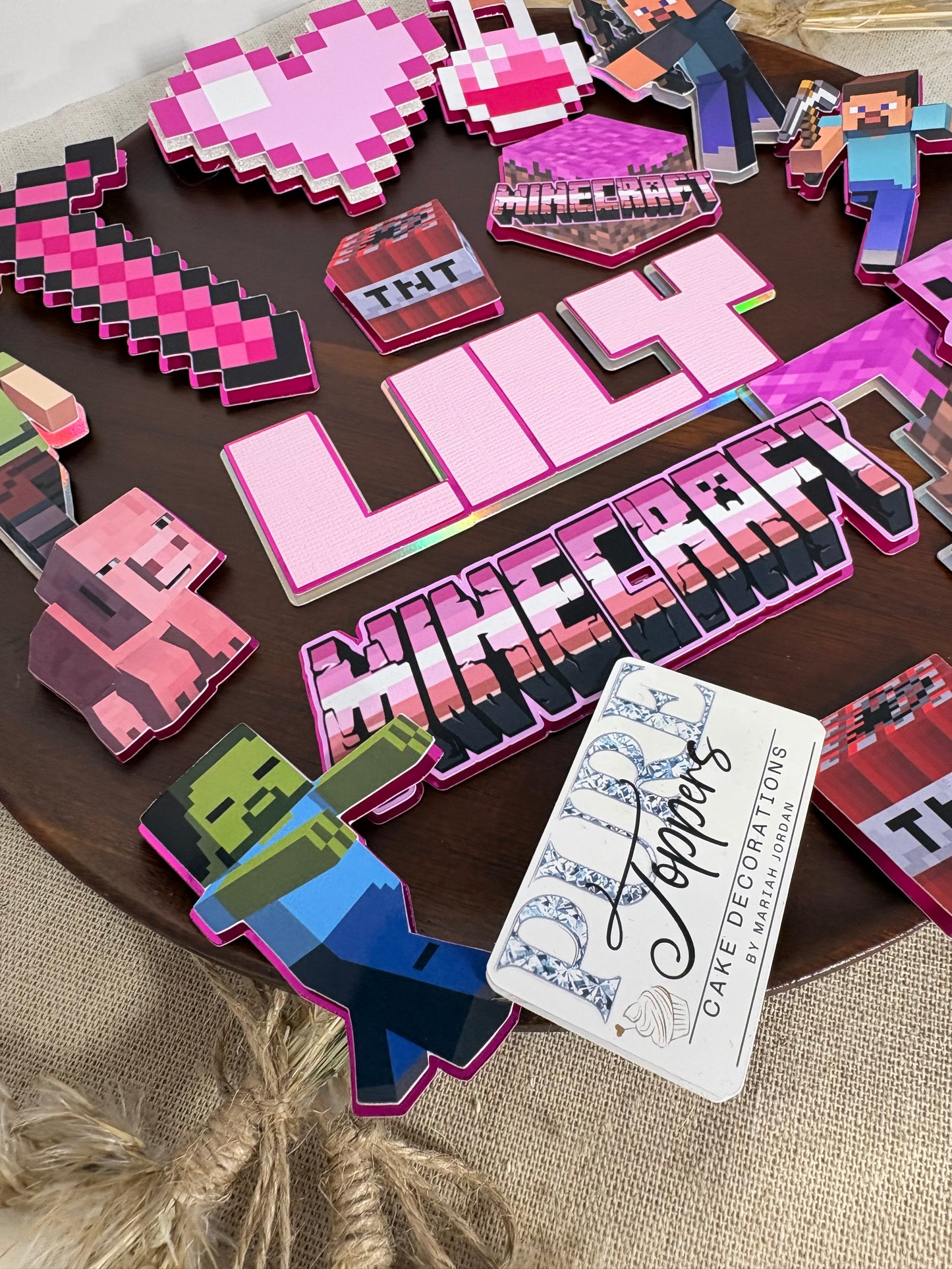 Personalised Girls Pink Minecraft Cake Topper | Custom Minecraft Birthday Cake Decorations | Creeper, TNT & Sword Set