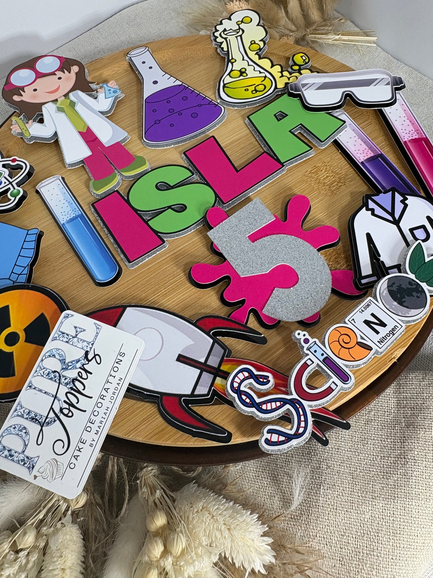 Personalised Science Cake Topper Set | Mad Scientist Birthday Cake Decorations | Lab Theme Party Supplies
