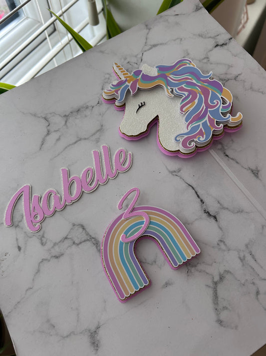 Personalised Unicorn 3D Cake Topper And Rainbow Age Charm