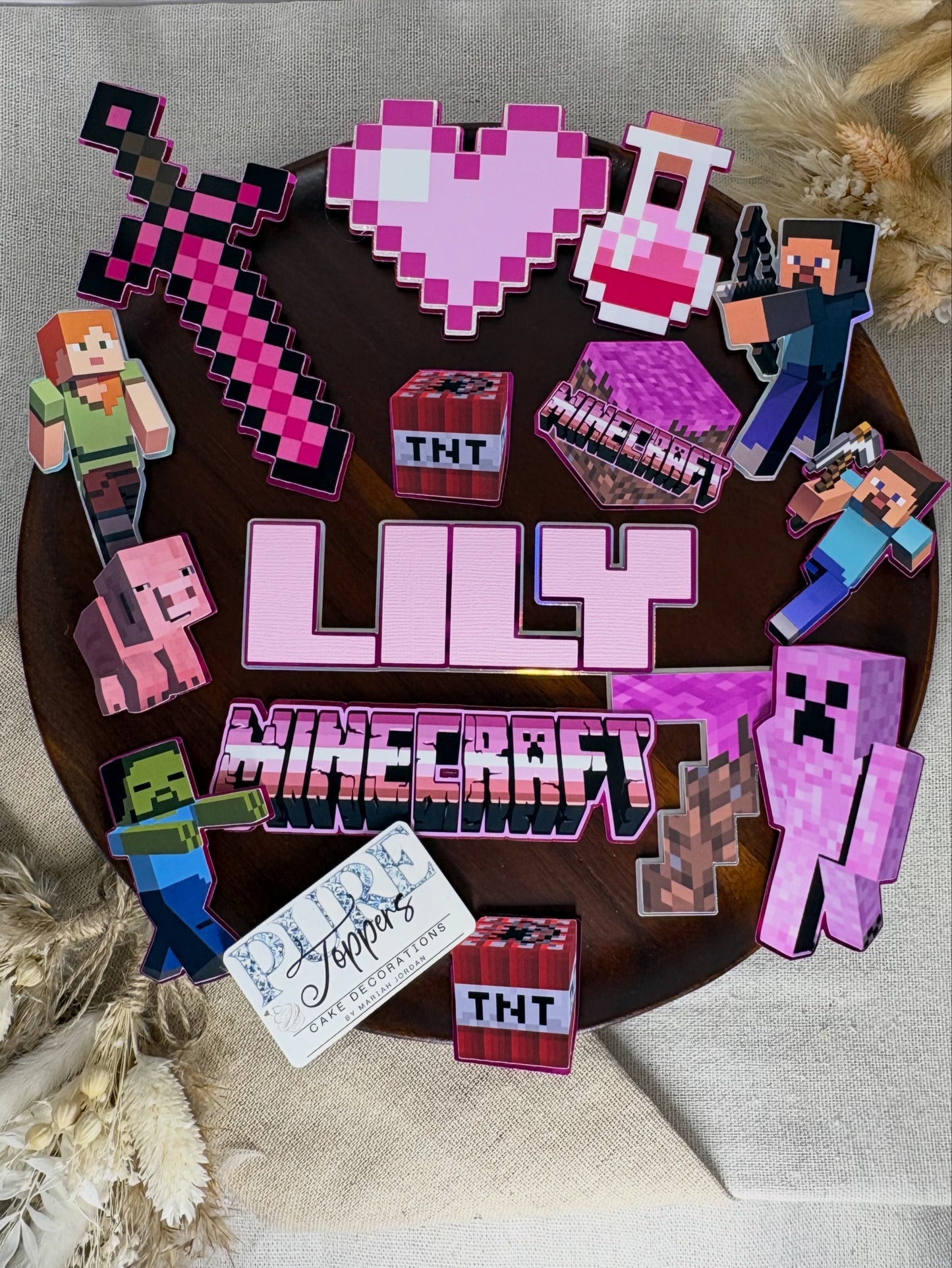 Personalised Girls Pink Minecraft Cake Topper | Custom Minecraft Birthday Cake Decorations | Creeper, TNT & Sword Set