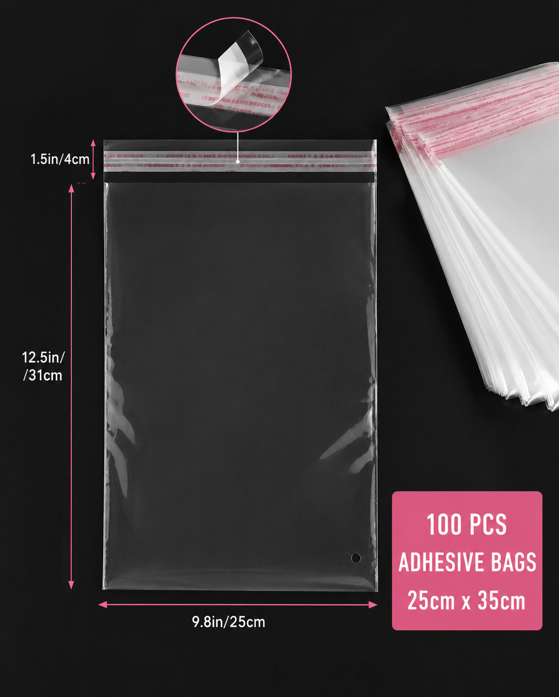 100 Clear Self-Seal Plastic Packaging Bags 25 x 35cm | Reusable Adhesive Zip Lock Pouches for Shipping, Packing & Storage, Cellophane Bags