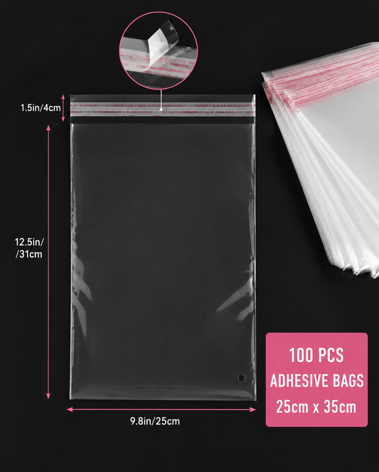 100 Clear Self-Seal Plastic Packaging Bags 25 x 35cm | Reusable Adhesive Zip Lock Pouches for Shipping, Packing & Storage, Cellophane Bags