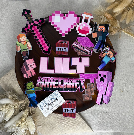 A circular wooden sign featuring Minecraft-themed cutouts and the text 'LIFELONG JROPTER' in pink and white, styled on a beige fabric background with dried wheat sprigs.