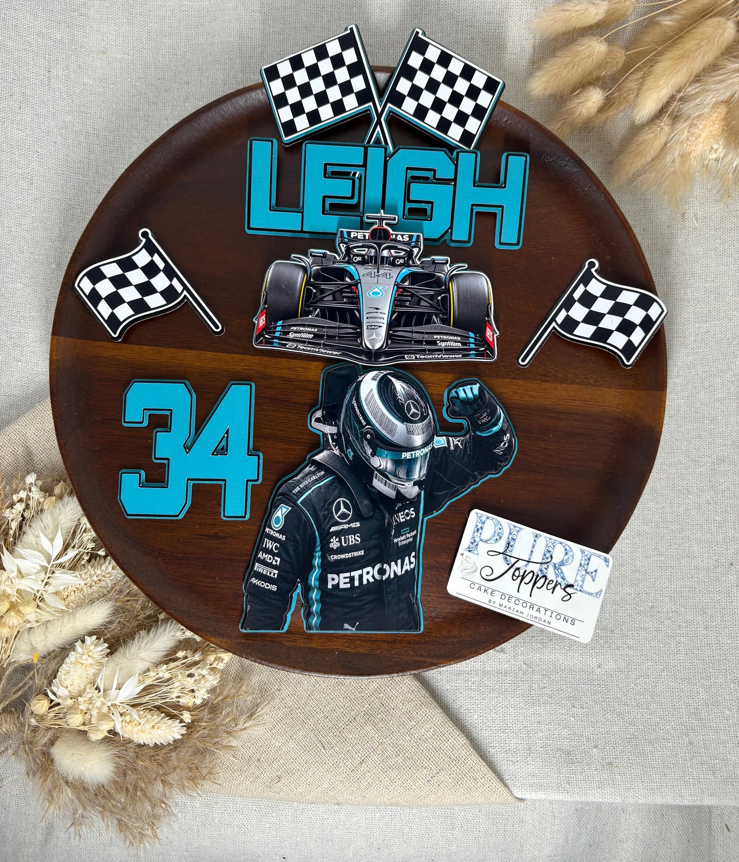 Personalised Formula 1 inspired cake topper set with racing car, name, age, driver and flags
