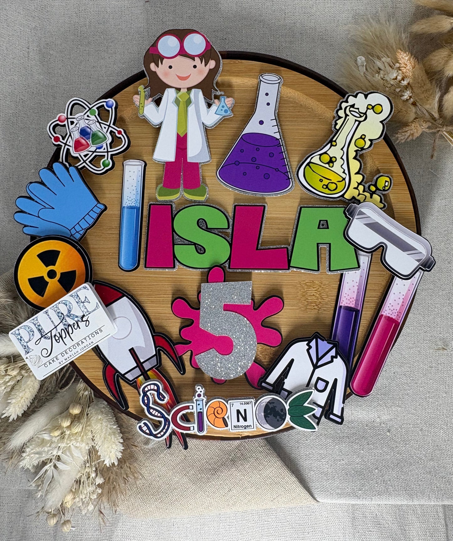 Personalised Science Cake Topper Set | Mad Scientist Birthday Cake Decorations | Lab Theme Party Supplies