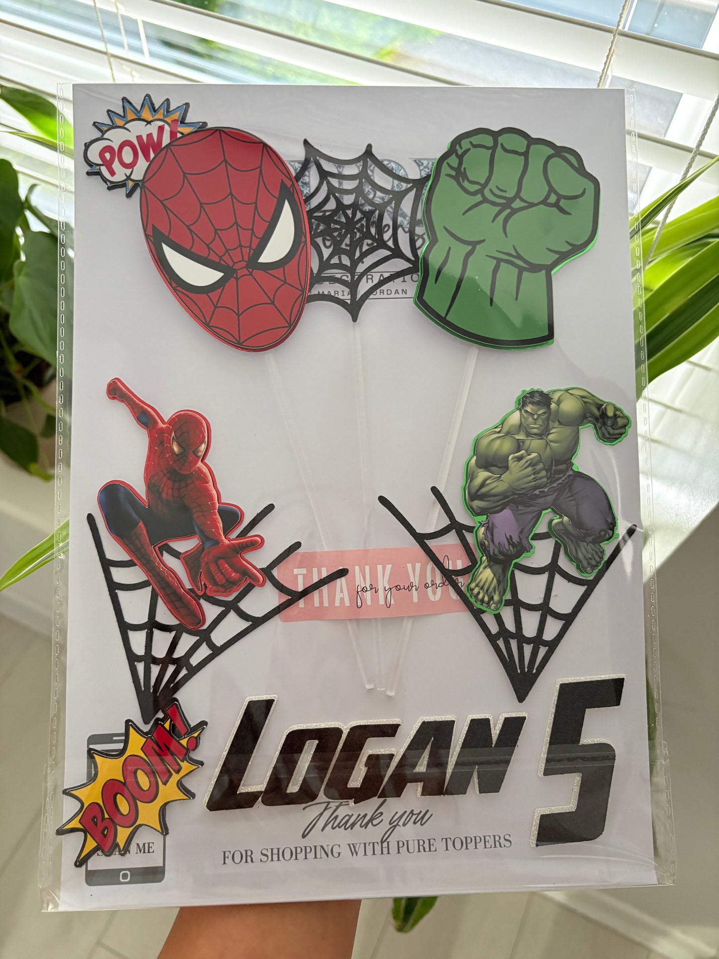 Personalised Spiderman & Hulk 4 Cake Topper with name and age, Spiderman and Hulk figures, spiderwebs, action charms ‘Boom’ and ‘Pow’, and sticks for birthday cake