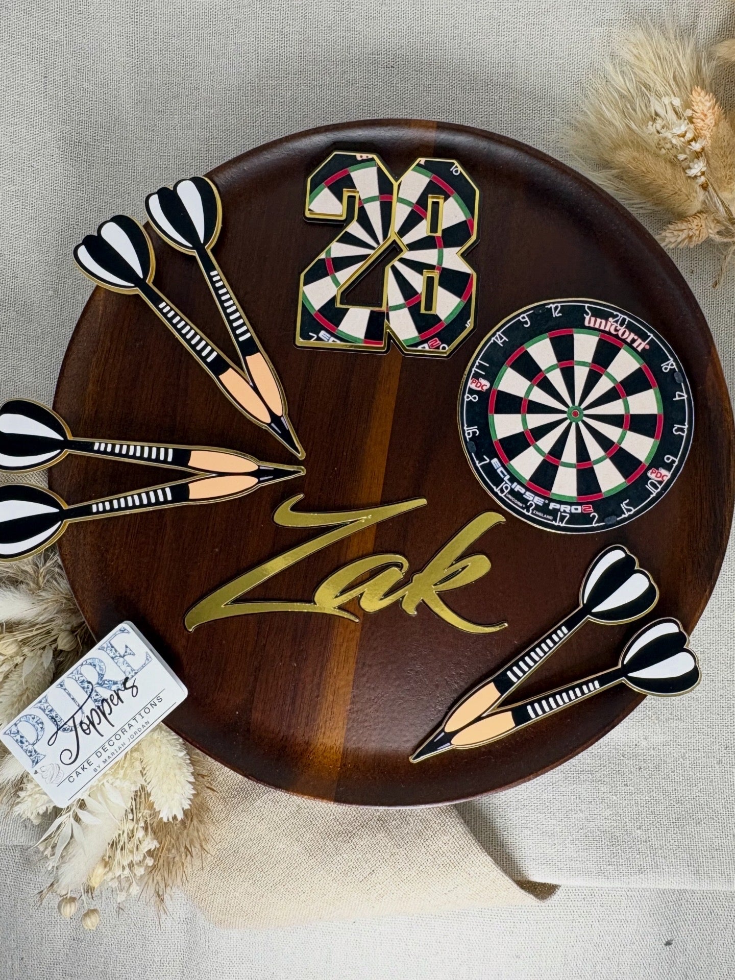 Personalised Darts Cake Topper – Custom Name & Age Dartboard Birthday Decoration