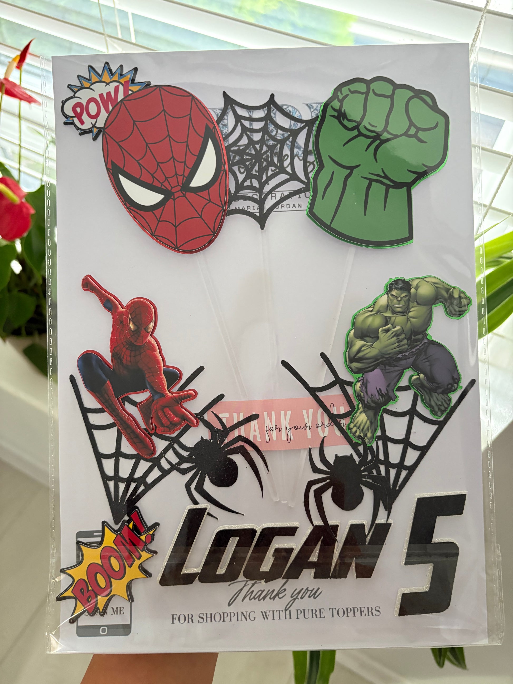 Personalised Spiderman & Hulk 4 Cake Topper with name and age, Spiderman and Hulk figures, spiderwebs, action charms ‘Boom’ and ‘Pow’, and sticks for birthday cake