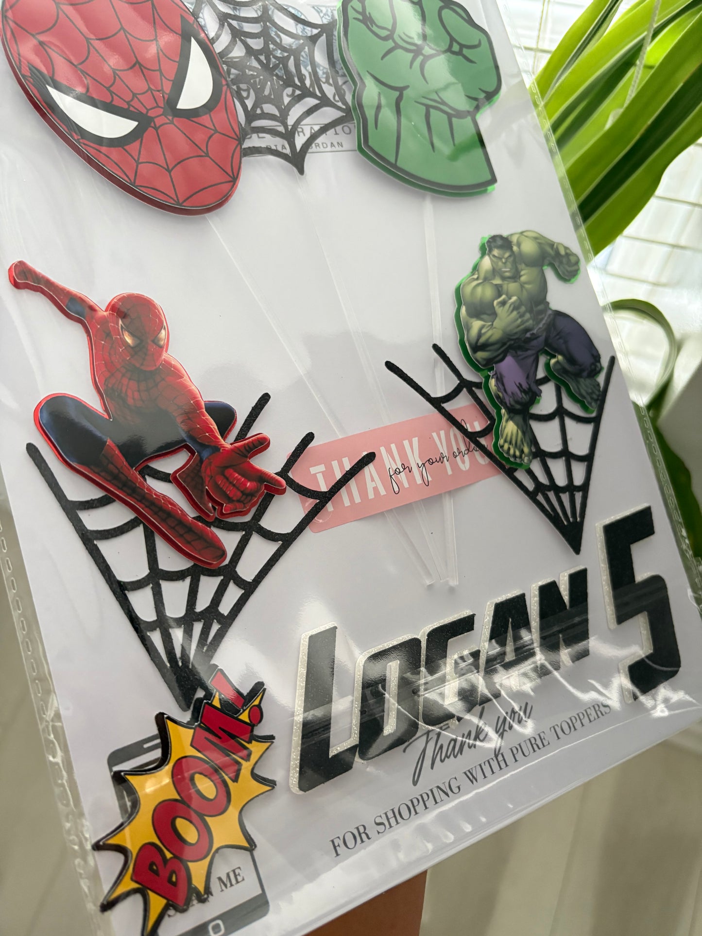 Personalised Spiderman & Hulk 4 Cake Topper with name and age, Spiderman and Hulk figures, spiderwebs, action charms ‘Boom’ and ‘Pow’, and sticks for birthday cake