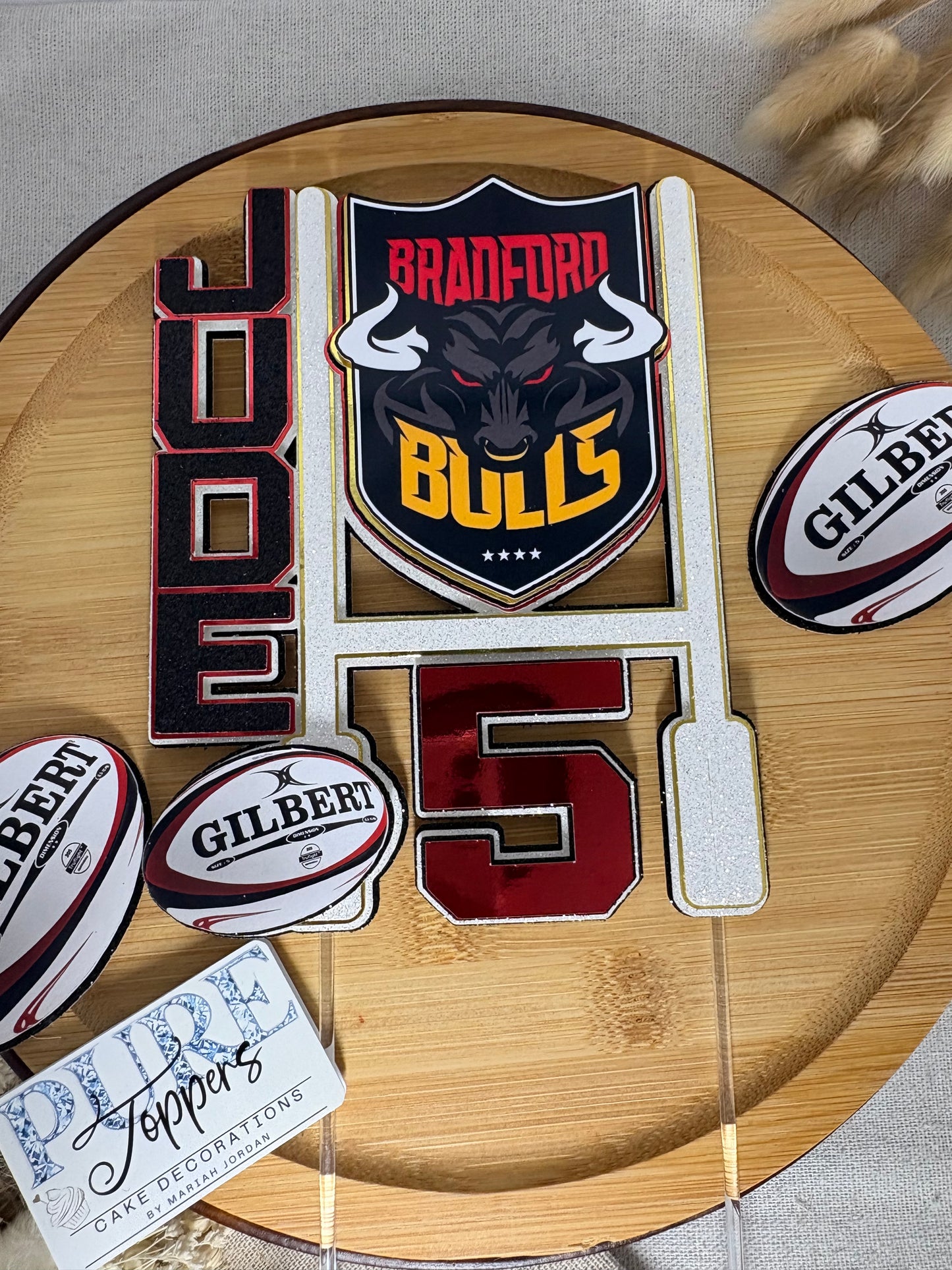Bradford Bulls birthday cake topper featuring rugby goalposts and personalised age