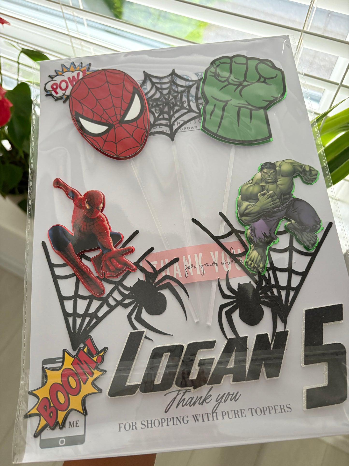 Personalised Spiderman & Hulk 4 Cake Topper with name and age, Spiderman and Hulk figures, spiderwebs, action charms ‘Boom’ and ‘Pow’, and sticks for birthday cake