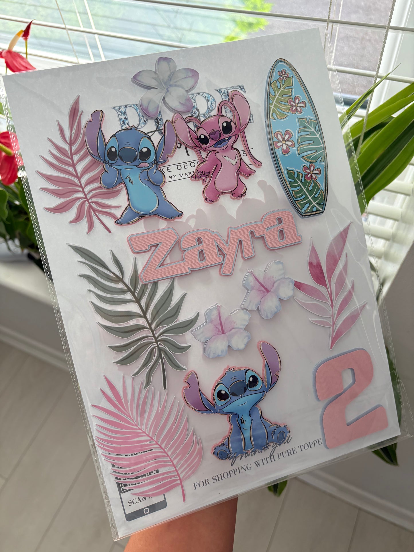 Stitch Cake Topper – Personalised Angle & Stitch Birthday Cake Decoration | Tropical Cake Topper | Custom Luau Party Cake Decor
