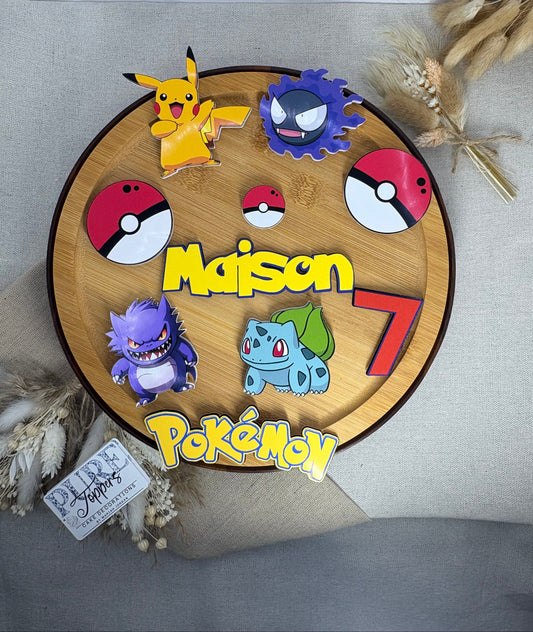 Wooden board with various Pokémon pins on a neutral background