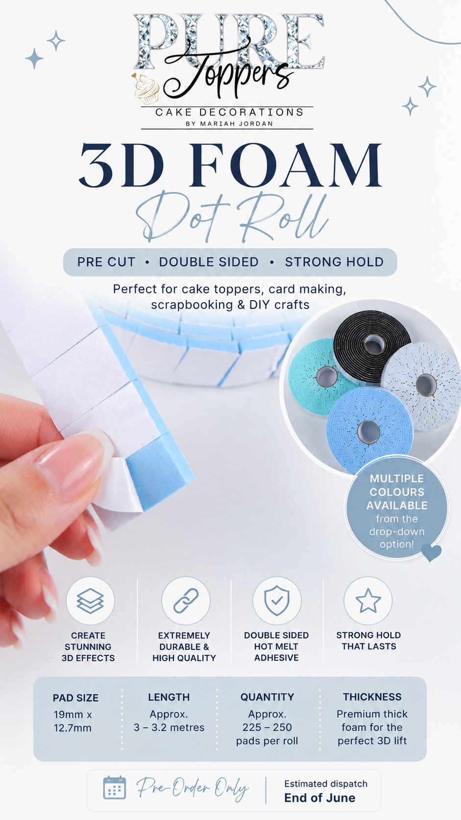 (PRE ORDER) Pre Cut Coloured Foam Dot Roll – 3D Double Sided Adhesive Foam Pads for Cake Toppers, Crafts & Card Making