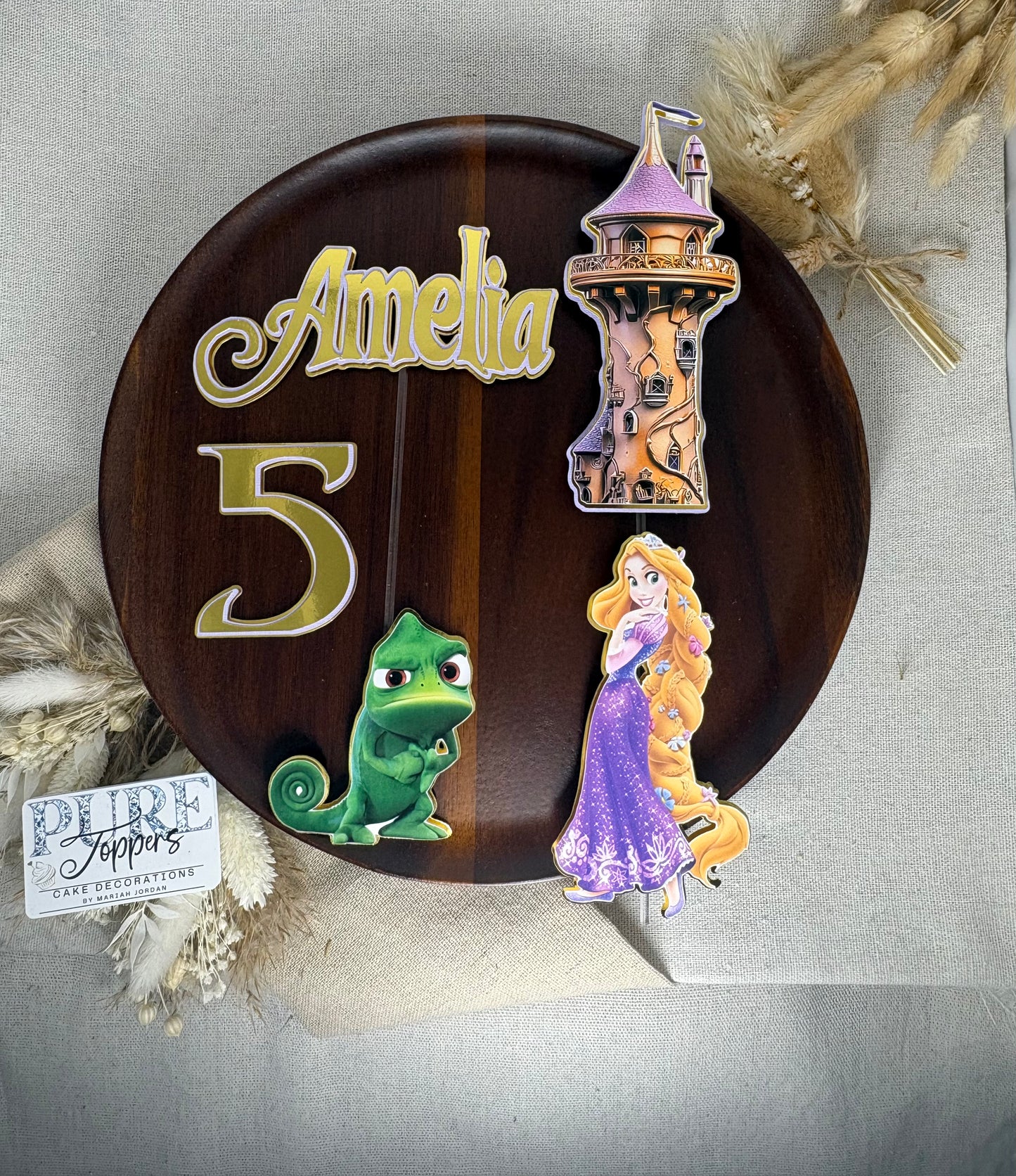 Personalised Rapunzel Inspired Cake Topper Set – Princess Castle & Chameleon Birthday Decoration