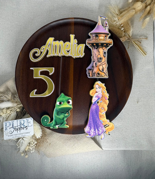 Personalised Rapunzel Inspired Cake Topper Set – Princess Castle & Chameleon Birthday Decoration