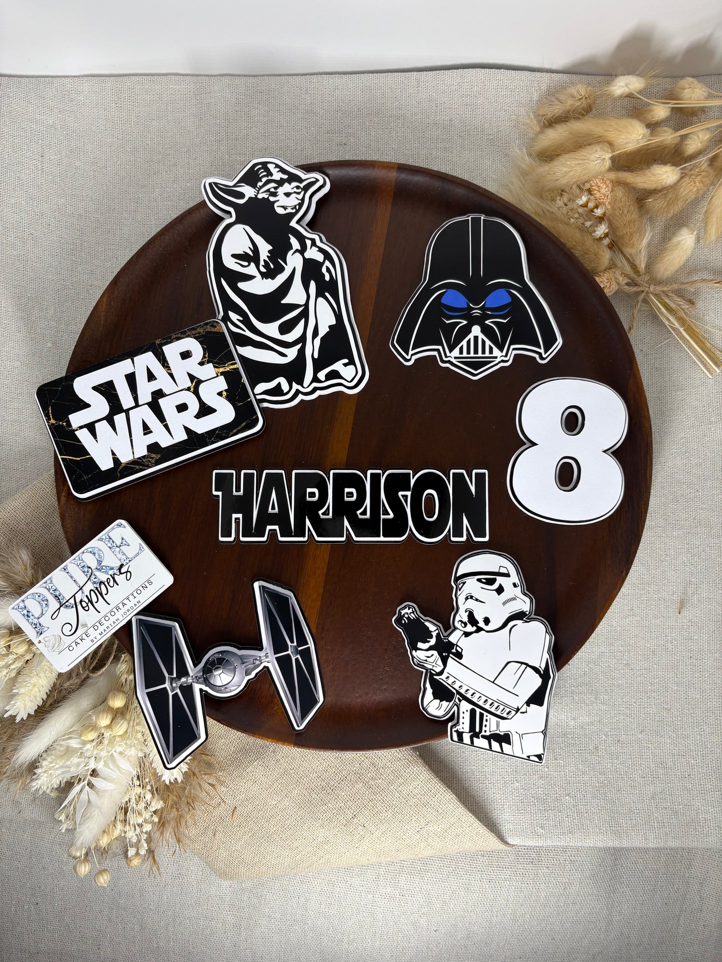 Star Wars Cake Topper – Personalised Black & White Design with Darth Vader, Stormtrooper & Darth Sidious