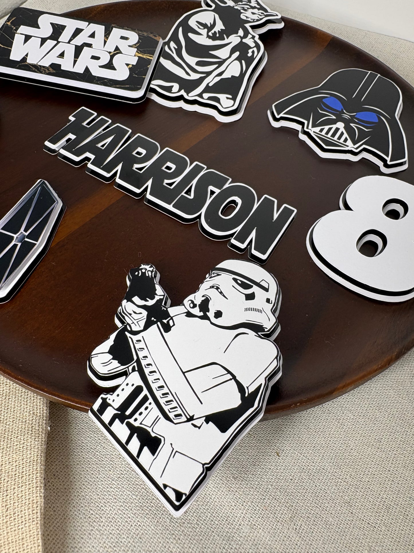 Star Wars Cake Topper – Personalised Black & White Design with Darth Vader, Stormtrooper & Darth Sidious