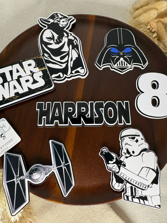 Star Wars Cake Topper – Personalised Black & White Design with Darth Vader, Stormtrooper & Darth Sidious