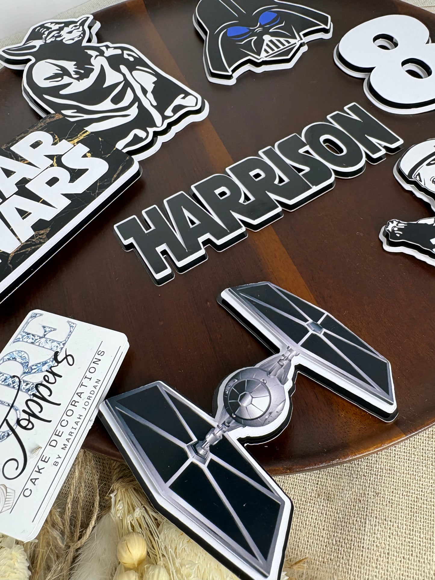 Star Wars Cake Topper – Personalised Black & White Design with Darth Vader, Stormtrooper & Darth Sidious