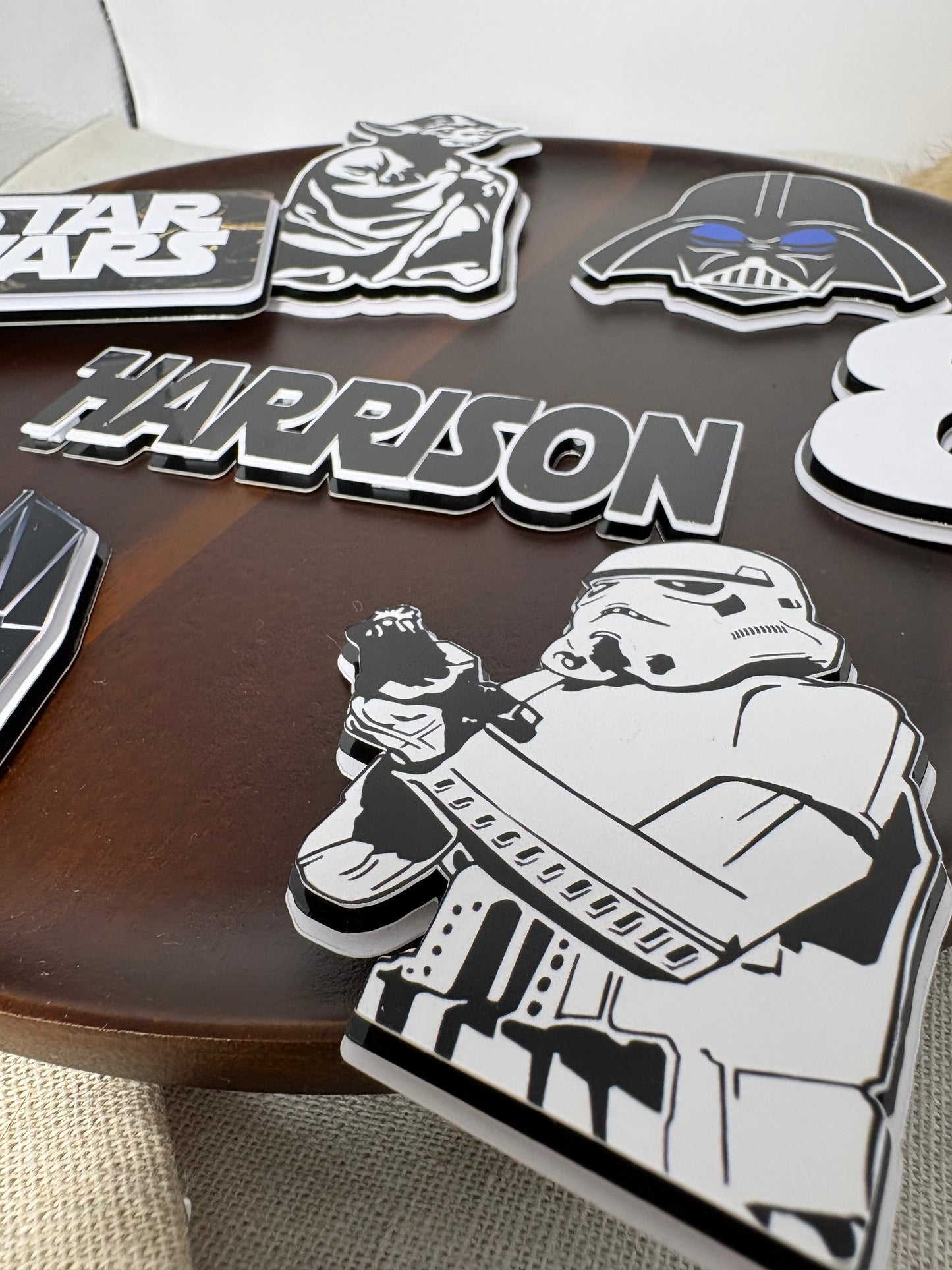 Star Wars Cake Topper – Personalised Black & White Design with Darth Vader, Stormtrooper & Darth Sidious