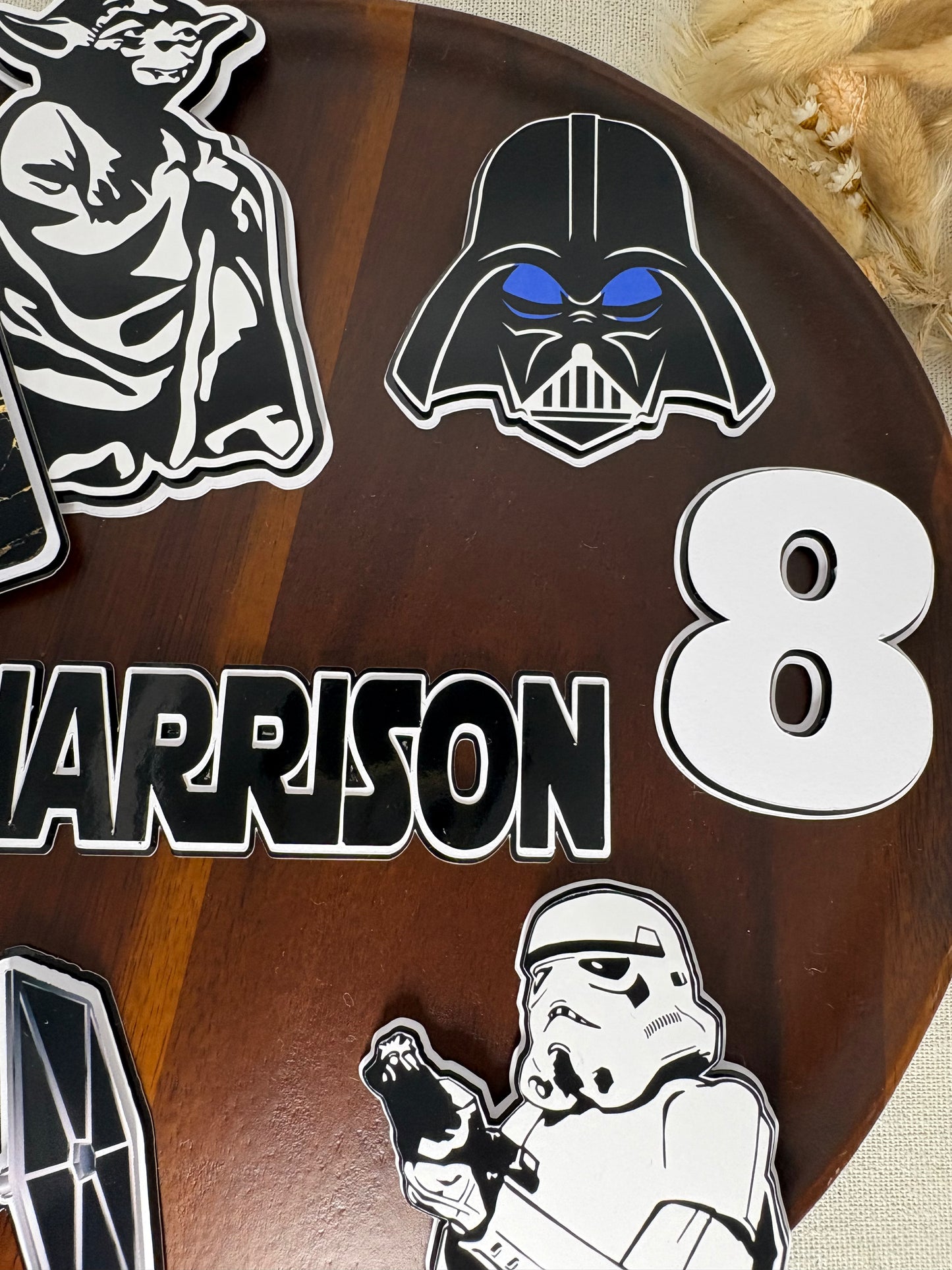 Star Wars Cake Topper – Personalised Black & White Design with Darth Vader, Stormtrooper & Darth Sidious