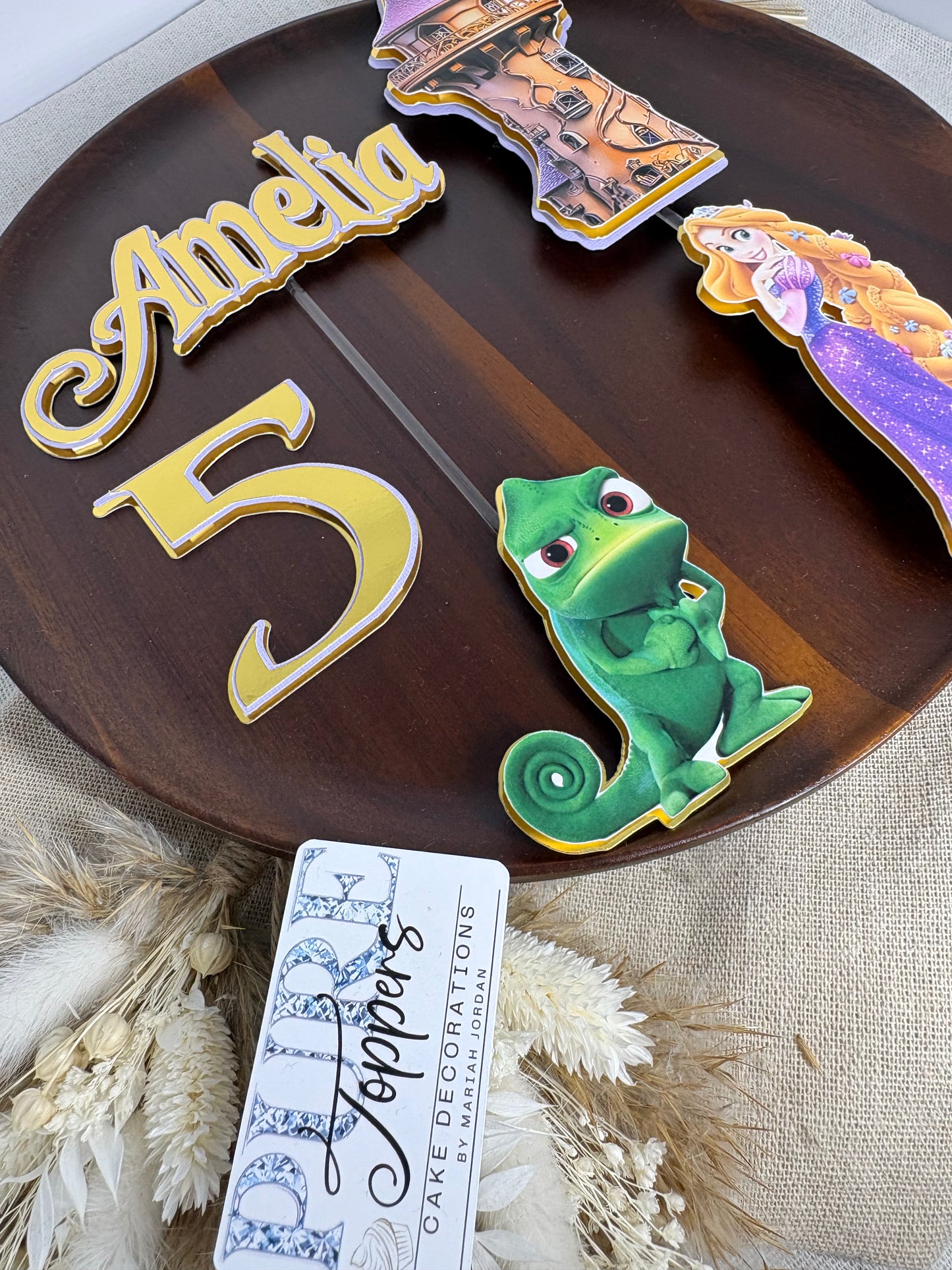 Personalised Rapunzel Inspired Cake Topper Set – Princess Castle & Chameleon Birthday Decoration